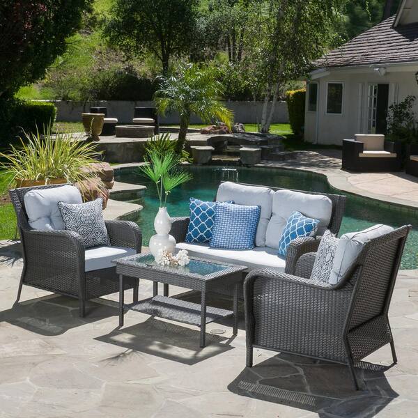 Noble House Savona Grey 4-Piece Plastic Patio Conversation Set with Mixed Grey Cushions