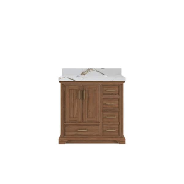 Willow Collections Charlotte Teak 36 in. W x 22 in. D x 36 in. H Center Sink Bath Vanity in Dark Natural with 2 in. Calcutta Gold Qt. Top