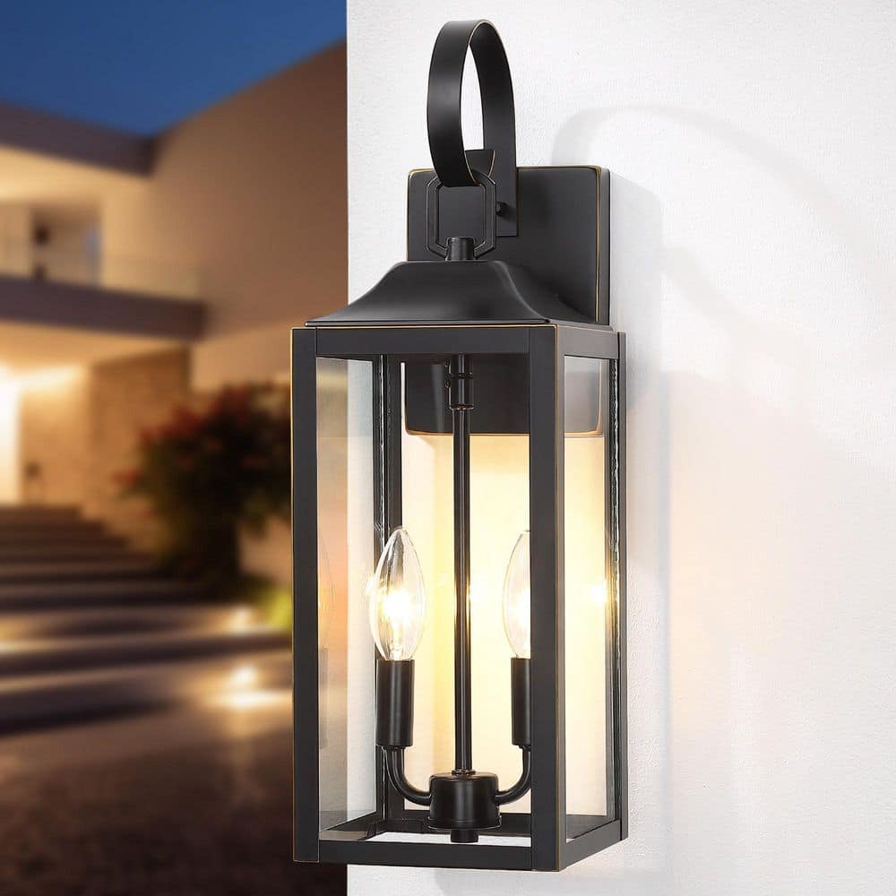 18.85 in. Black and Gold 2-Light Outdoor Hardwired Wall Light Lantern Sconce for Porch with Clear Glass price history on PriceWatchPro