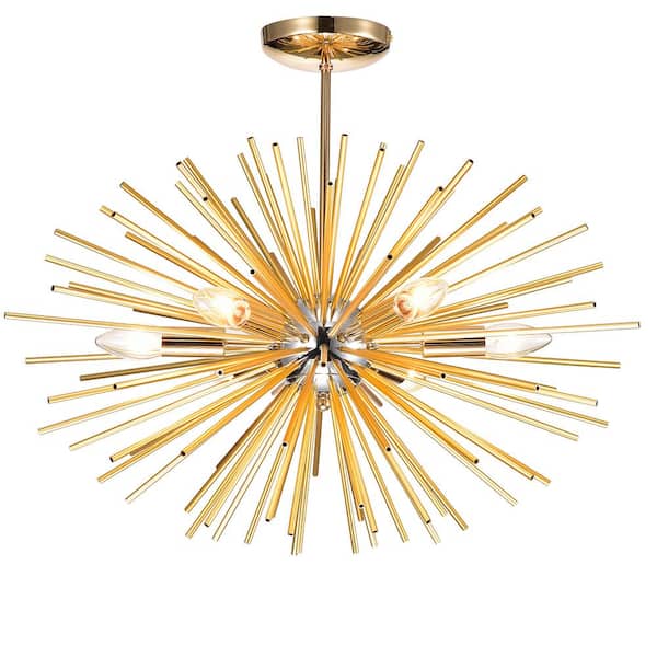 Jojospring Phoebe 24.4 in W Sputnik Shiny Chrome and Frosted Brass 6-Light s Industrial Chandelier