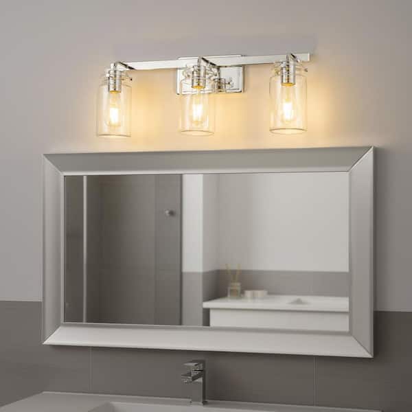24 in. 3-Light Chrome Modern Cylinder Vanity Light for Bathroom Mirror with Clear Glass Shades