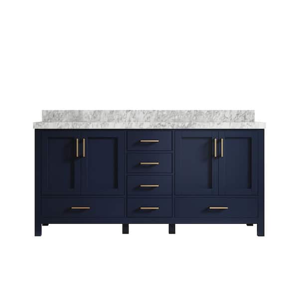Willow Collections Malibu 72 in. W x 22 in. D x 36 in. H Double Sink Bath Vanity in Navy Blue with 2 in. Carrara Marble Top