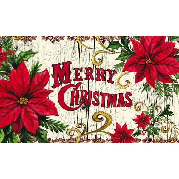 Evergreen Poinsettia Merry Christmas Garden Suede Flag 18 in. x 30 in. Embossed Door Mat