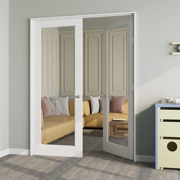 60 in. x 80 in. 1-Lite Clear Glass Universal White Solid Core Wood Double French Door with Quick Assemble Jamb