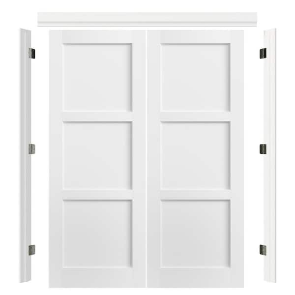 64 in. x 80 in. 3 Panel Core White Primed Solid Core Pine Wood Double Pre-Hung French Door with Quick Assemble Jamb