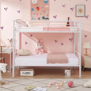 Bunk Bed Metal Twin Over Twin, White Bunkbeds with Ladder and Full-Length Guardrail, Noise Free Platform Bed Frame