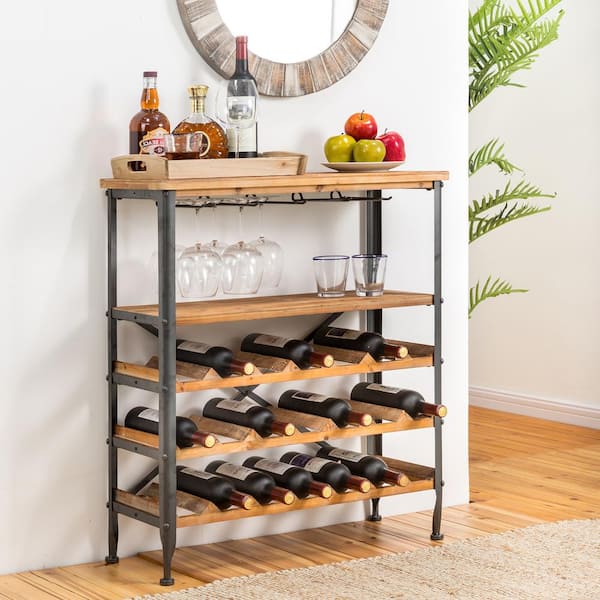 Double Depth 60 Bottle Dark Oak Stained Wood and galvanised Metal Wine Rack Ready Assembled 