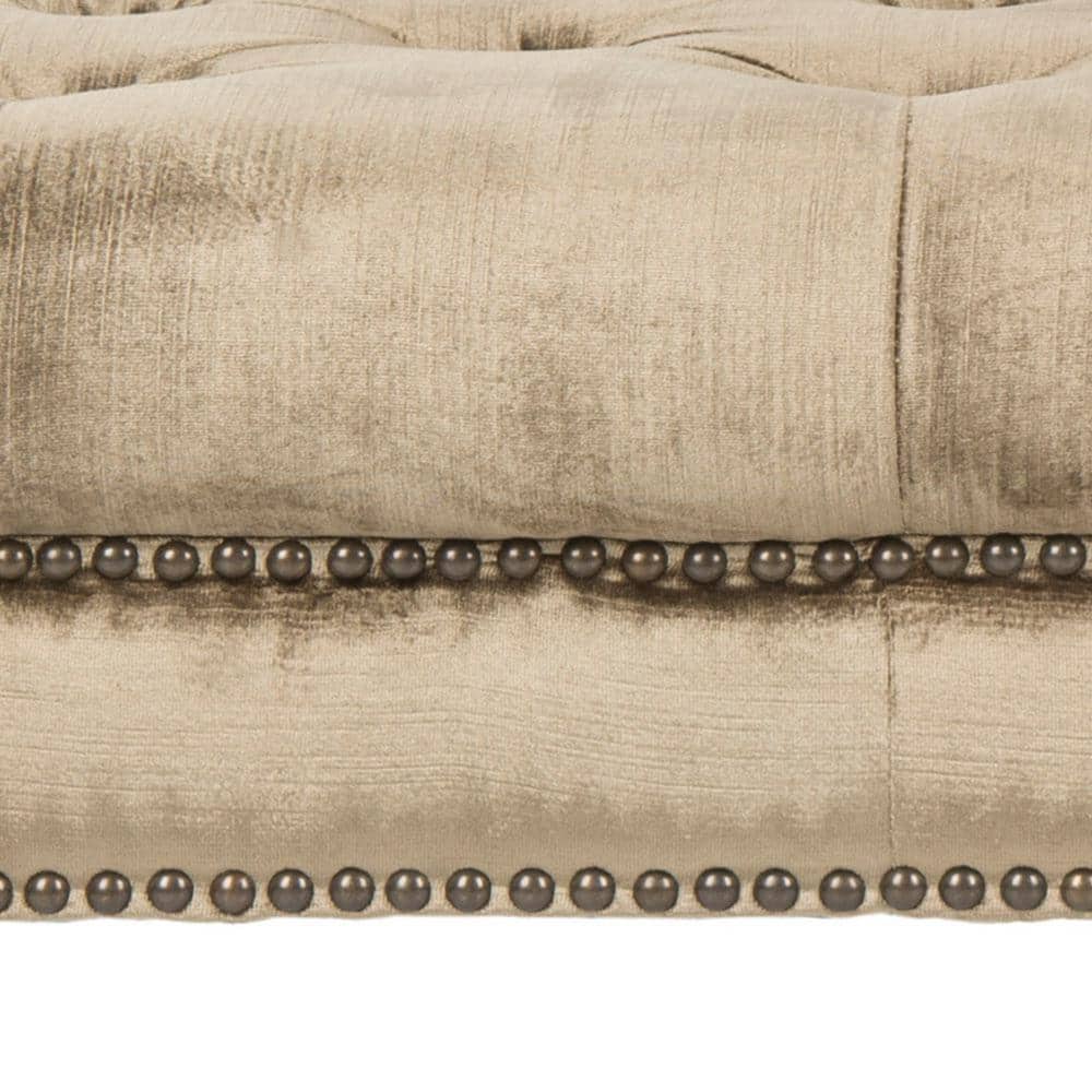 Transitional Tufted Antique Sage Bench with Brass Nail Heads and Oak Legs