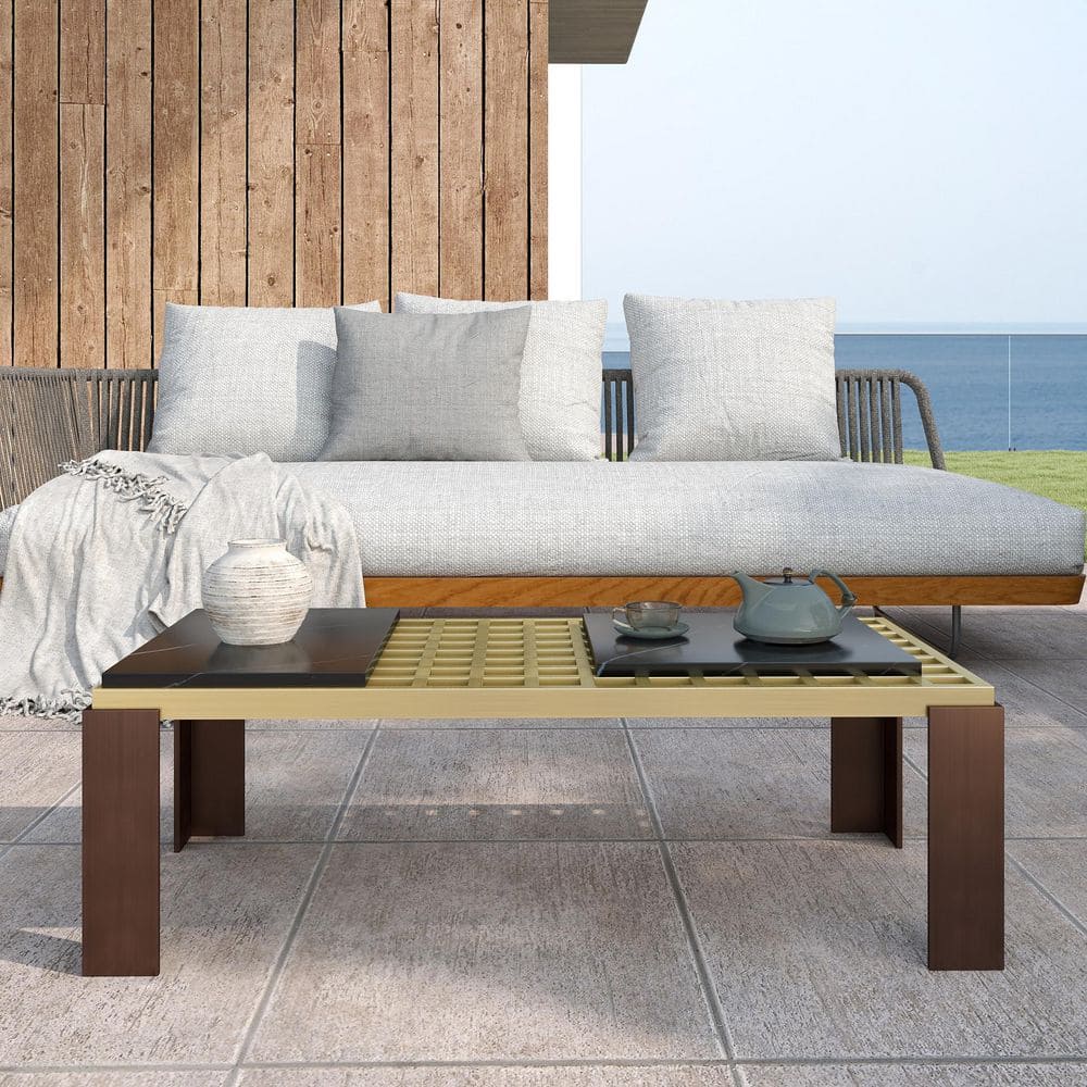48 in. W Black and Gold Rectangle Stone Tabletop Coffee Table with Hollow Lattice Design price history on PriceWatchPro