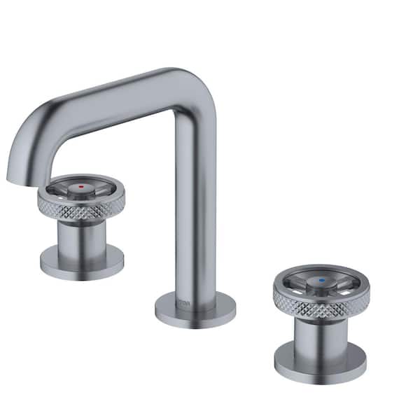 Karran Tryst Widespread Wheel 2-Handle Three Hole Bathroom Faucet with Matching Pop-up Drain in Stainless Steel