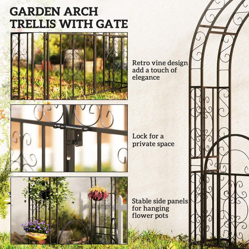 Black Metal Garden Arch with Gate for Climbing Plants