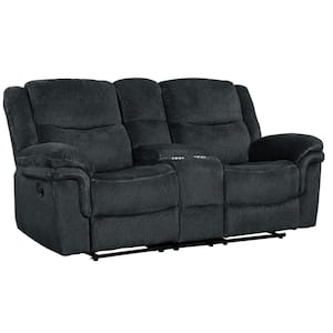 Manual Reclining 75.50 in. W Round Arm Style Velvet Rectangle Sofa in Dark Blue with Hide-Away Storage, Cup Holders