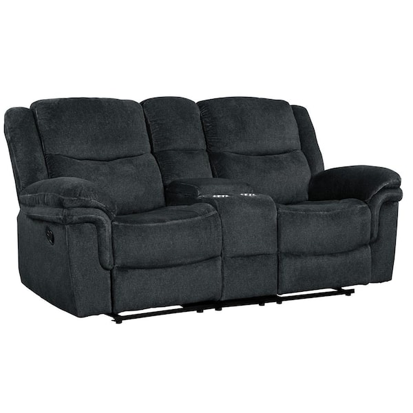 Polibi Manual Reclining 75.50 in. W Round Arm Style Velvet Rectangle Sofa in Dark Blue with Hide-Away Storage, Cup Holders