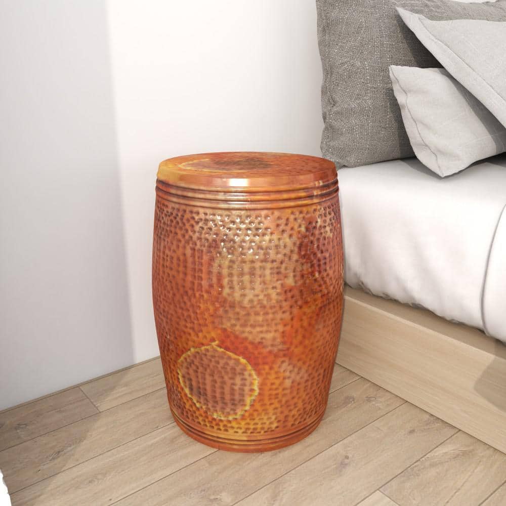 Copper Hammered Metal Drum Shaped Accent Table