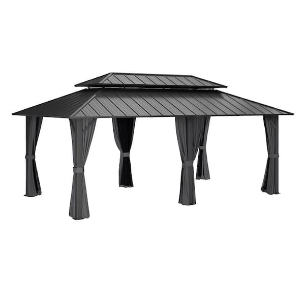 12 ft. x 20 ft. Gray Metal Double-Roof Hardtop Patio Gazebo with Integrated Netting and Adjustable Curtains