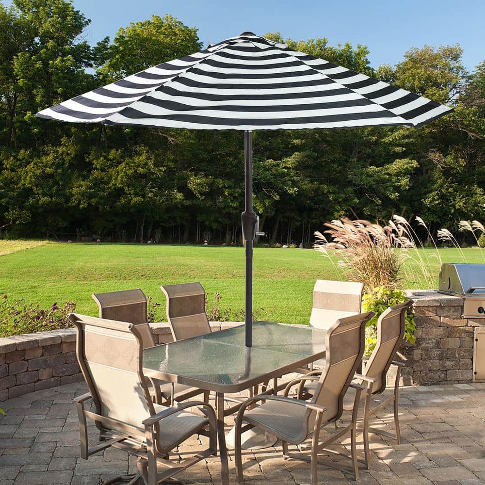 7.5ft. Market Patio Umbrella in Black/White with Push Button Tilt and Crank