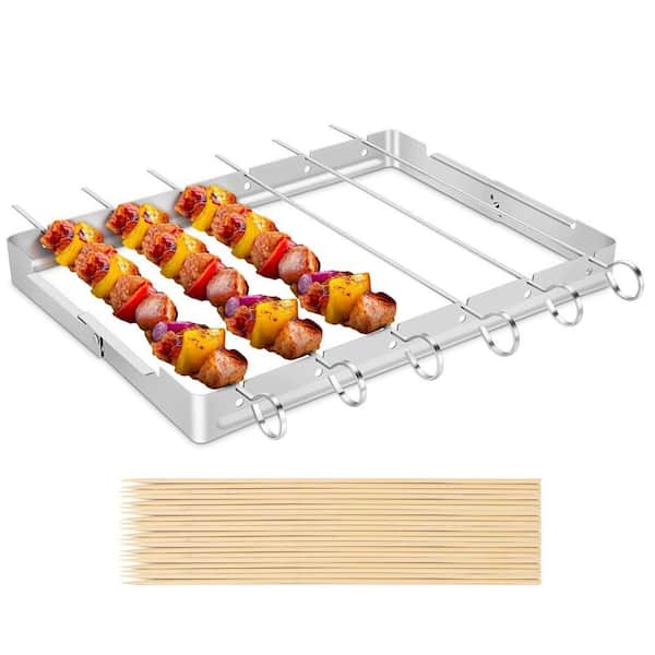 13 in. Stainless Steel Shish Kabob Set with 6 Skewers, Reusable Rack, and 30 Bamboo Skewers for Kitchen, Party and BBQ