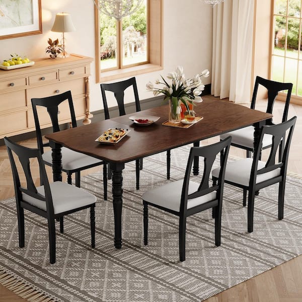 7-Piece Black and Brown MDF Top Extendable Dining Set Seats 6 with Removable Leaf, 6-Chairs