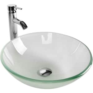Matte Glass Round Vessel Sink with Faucet Pop Up Drain Set