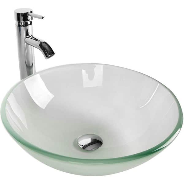 Puluomis Matte Glass Round Vessel Sink with Faucet Pop Up Drain Set