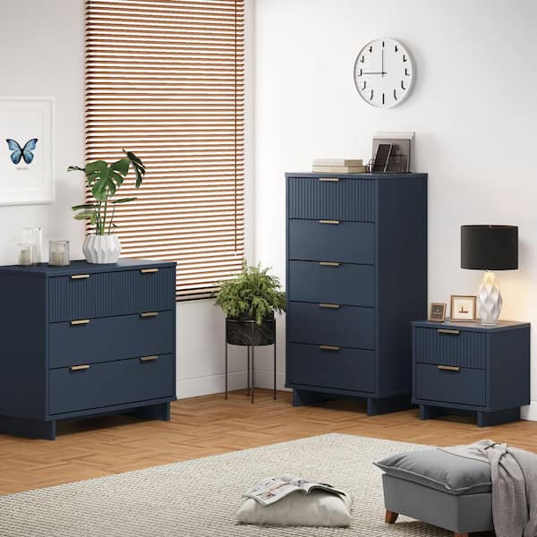 Manhattan Comfort Granville Midnight Blue 2-Drawer 18.11 in. W Nightstand, 5-Drawer 23.62 in. W Chest and 3-Drawer 37.8 in. W Dresser