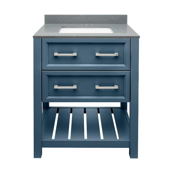 Amluxx Milan 25 in. W x 19 in. D x 36 in. H Bath Vanity in Navy Blue with Galaxy Gray Quartz Stone Vanity Top