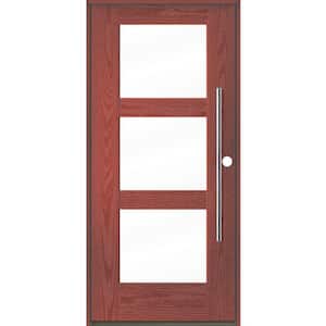 Modern Faux Pivot 36 in. x 80 in. 3-Lite Left-Hand/Inswing Clear Glass Redwood Stain Fiberglass Prehung Front Door