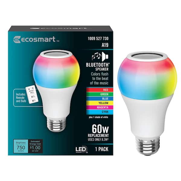 60-Watt Equivalent A19 CEC Bluetooth Speaker Colored Plus Bright White E26 LED Light Bulb with Remote Control (1-Pack)