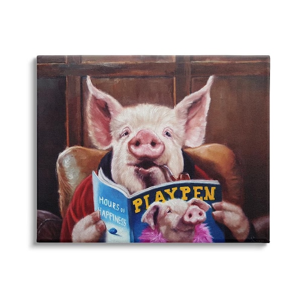 Stupell Industries Funny Pig Magazine Man Cave by Lucia Heffernan 1-Piece Gallery Wrapped Unframed Animal Graphic Art Print 20 in. x 16 in.