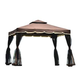 9.8 ft. x 8.8 ft. Brown Patio Gazebo Outdoor Steel Vented Dome Top with Netting for Backyard, Poolside and Deck