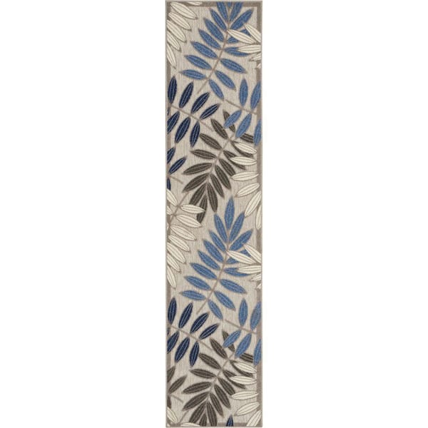 Nourison Aloha Gray/Blue 2 ft. x 6 ft. Kitchen Runner Floral Contemporary Indoor/Outdoor Patio Area Rug