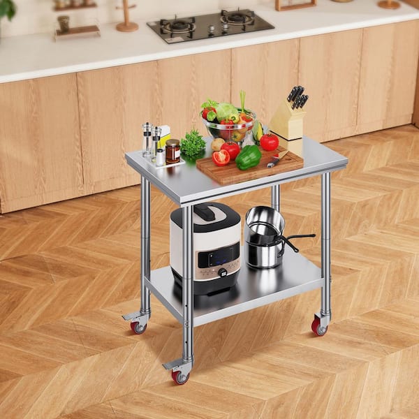 36 in. x 24 in. with 4 Wheels Stainless Steel Work Table Commercial Kitchen Prep Table Heavy Duty Work Table Silver