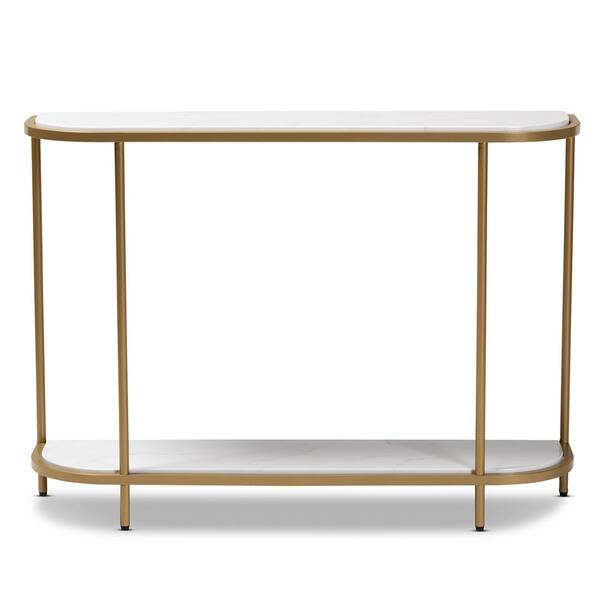 Baxton Studio Dominic 44 in. White/Gold Standard Rectangle Marble Console Table with Storage