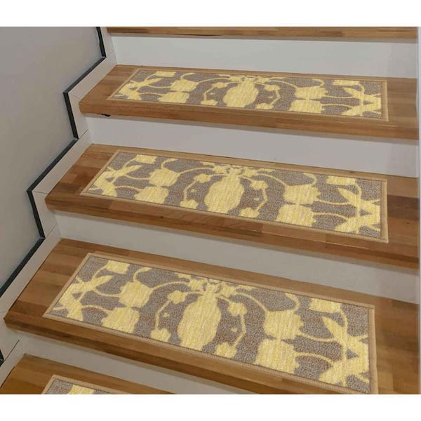 Custom Size Floral Design Yellow-Beige 8 in. x 26 in. Stair Treads Cover (Set of 13)