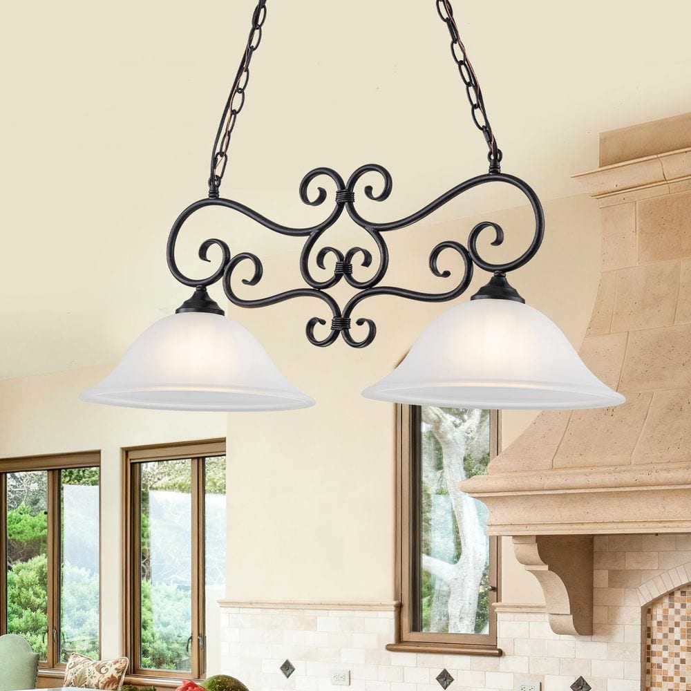 32 in. 2-Light Matte Black Iron Linear Chandelier Dining Pendant with Glass Bell Shade price history on PriceWatchPro
