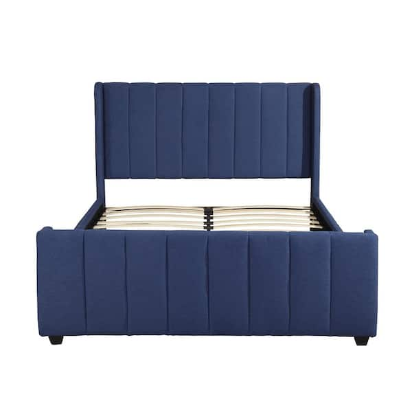 Noble House Antoinette Traditional Queen-Size Navy Blue Fully Upholstered Bed Frame