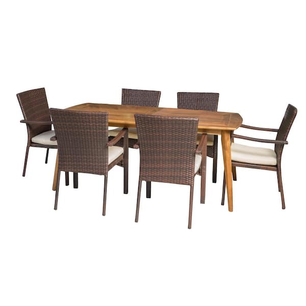 Emmalynn 7-Piece Wood and Faux Rattan Outdoor Patio Dining Set with Cream Cushion
