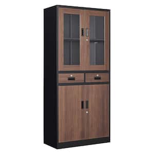 70.87'' H 4-Tier Brown Storage Cabinet, Metal Cabinets with Glass Doors and Shelves, Kitchen Organization