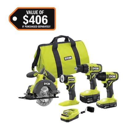 ONE+ 18V Cordless 4-Tool Combo Kit with 1.5 Ah Battery, 4.0 Ah Battery, and Charger