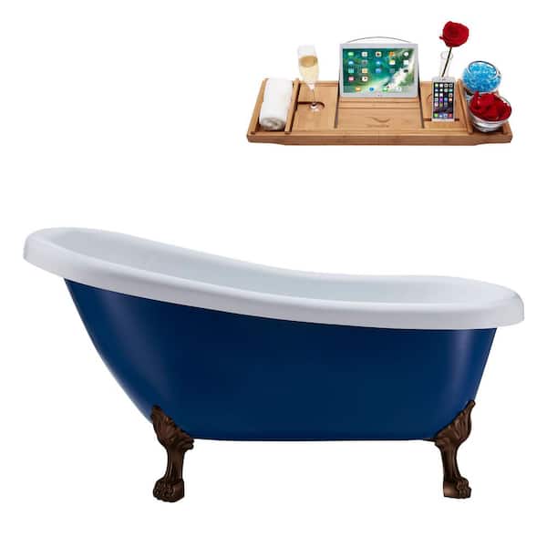 Streamline 61 in. Acrylic Clawfoot Non-Whirlpool Bathtub in Matte Dark Blue, Matte Oil Rubbed Bronze Clawfeet,Glossy White Drain