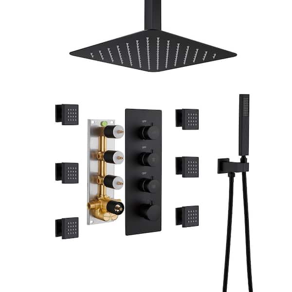 Unbranded Luxury 7-Spray Patterns Thermostatic 12 in. Ceiling Mount Rainfall Dual Shower Heads with 6-Jet in Matte Black