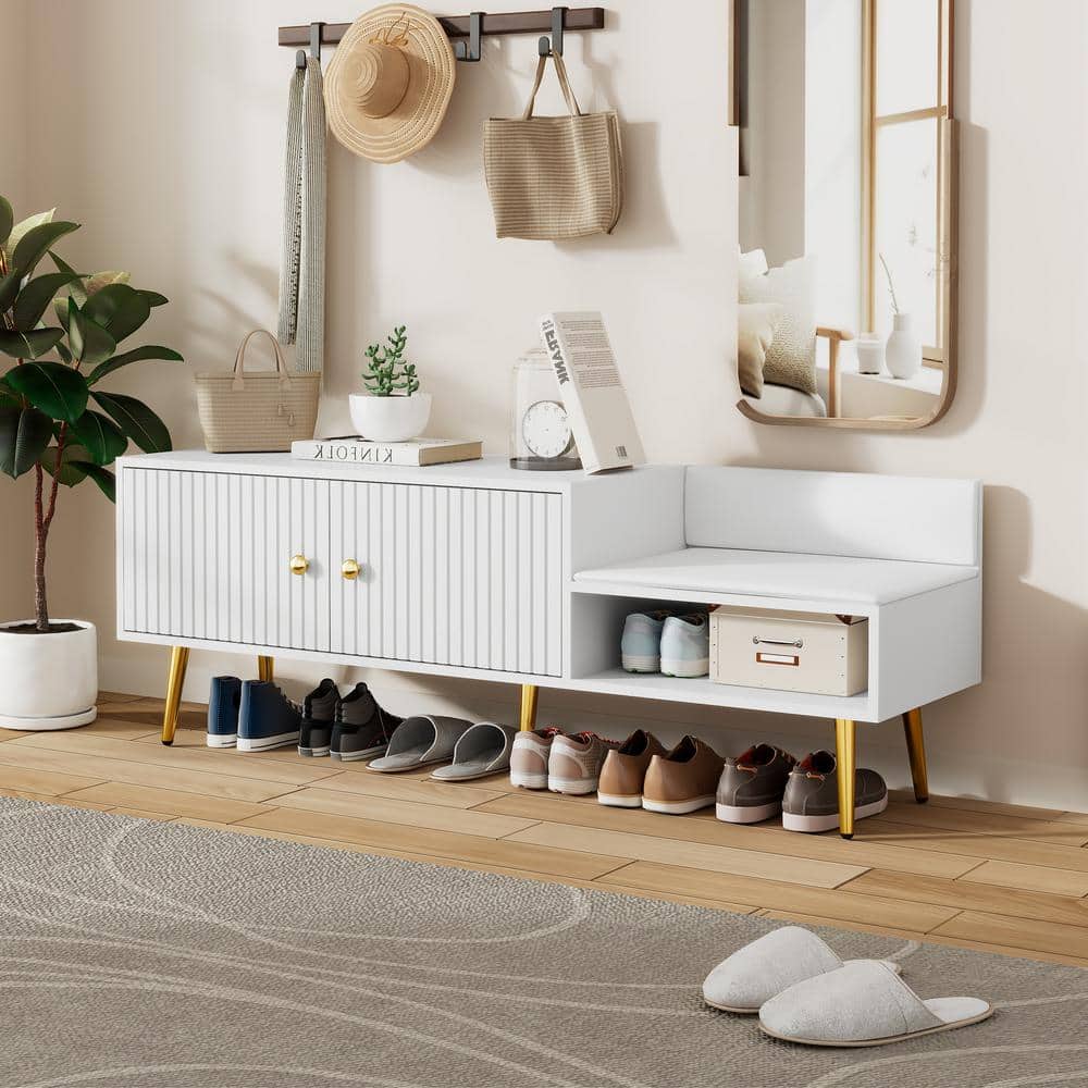 White Dining Bench 54.3 in. Modern 6 Pair Shoe Storage Cabinet with Hidden 