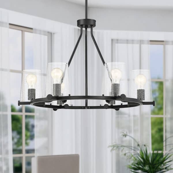 Designers Fountain Matteson 6-Light Matte Black Industrial Wagon Wheel Chandelier for Dining Areas with No Bulbs Included