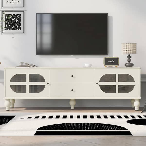 JUJABU 68.9 in. White TV Stand Modern Entertainment Center Media Console with Fluted Glass Doors to 75 in.