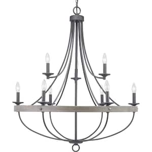 Gulliver Collection 35-1/4 in. 9-Light Graphite Coastal Chandelier with Weathered Gray Wood Accents for Dining Rooms