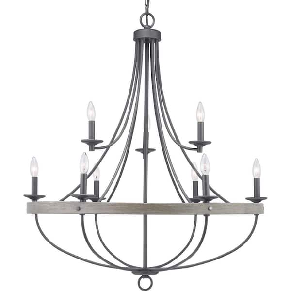 Progress Lighting Gulliver Collection 35-1/4 in. 9-Light Graphite Coastal Chandelier with Weathered Gray Wood Accents for Dining Rooms