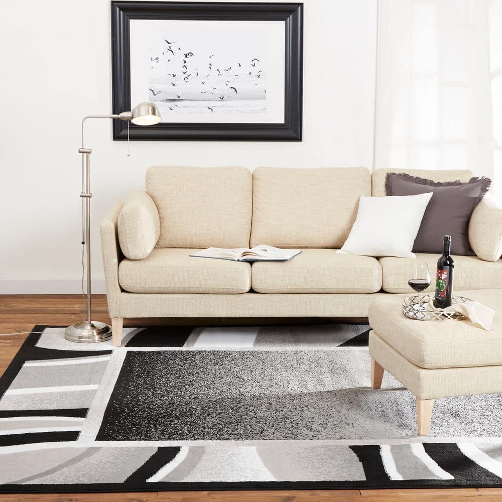 Black and Gray Abstract Border Area Rug, 21" x 35"