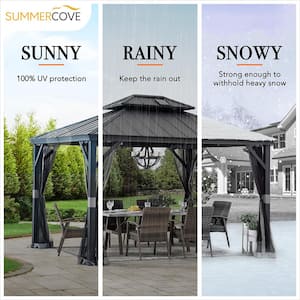 10 ft. x 12 ft. Hardtop Outdoor Patio Aluminum Frame Gazebo with Solar Panel, Netting and Ceiling Hook