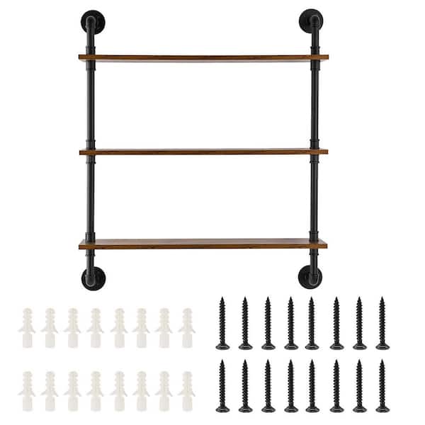 SKYSHALO Industrial Pipe Shelf, 8.07 in. W x 32.68 in. D Brown Wood Soild Decorative Wall Shelf, 3-Tier Wall-Mount Floating