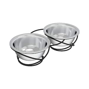 Large 40 oz. Stainless-Steel Elevated Dog Bowls with Stand Silver and Black (Set of 2)
